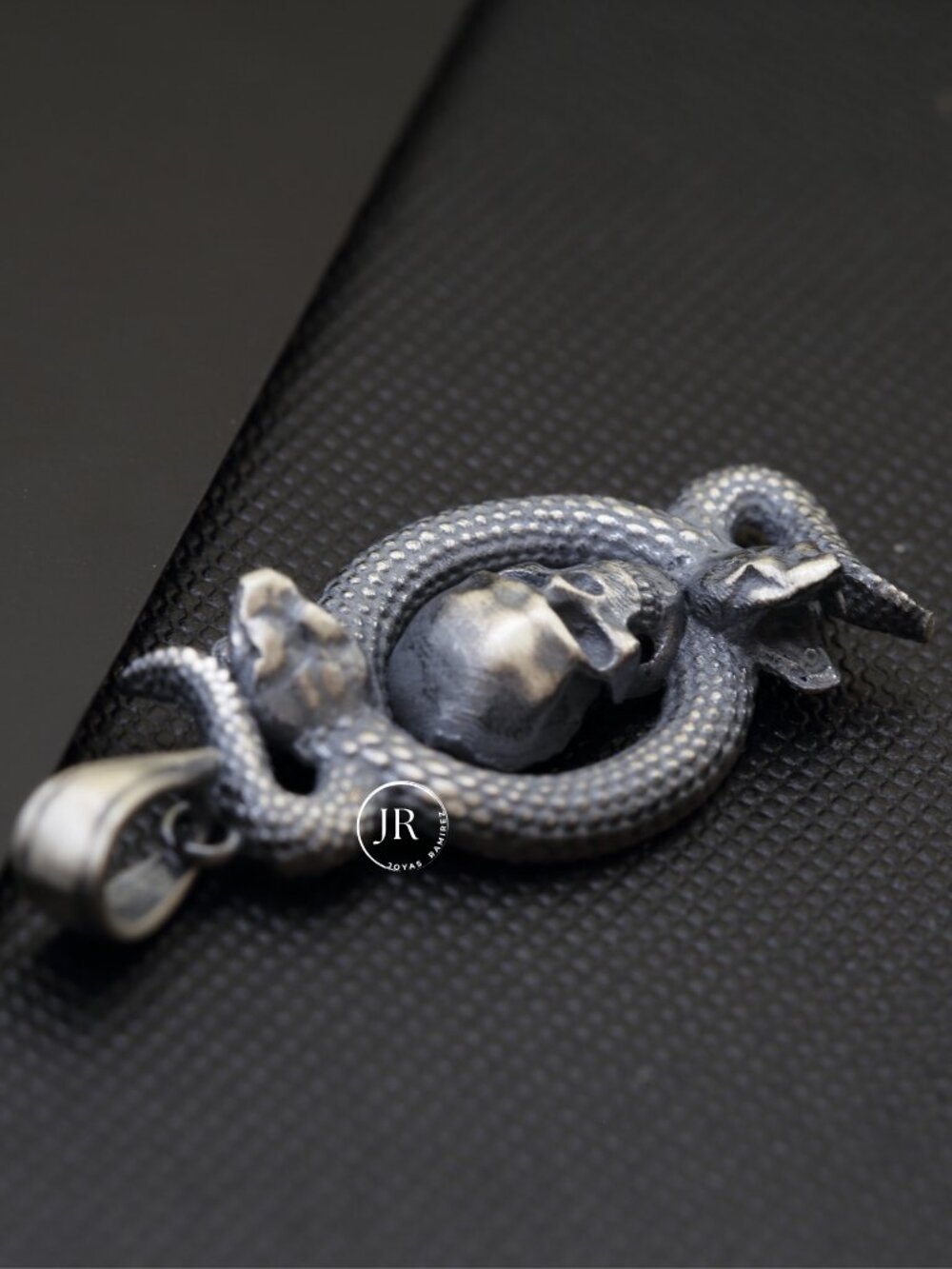 .925 Sterling Silver Skull and Snake Pendant Gothic Oxidized Fine Jewelry - Picture 5 of 9